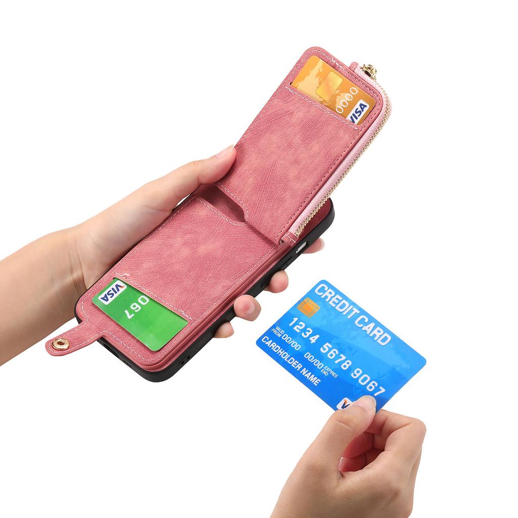 For iPhone 16 Plus Case Zipper Pocket Kickstand Leather Phone Back Cover