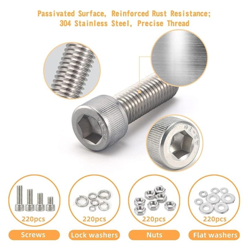 Comprehensive 890Pcs Stainless Steel Metric Bolts and Nut Set M2M3M4 Includes Hex Socket Head Caps and Washers
