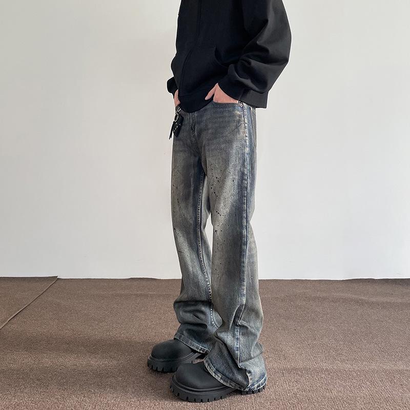 American DirtyFit Ink-Splashed Jeans: Unisex Straight Flared Vibe Slim Pants