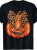 Women'S Black Vintage Leopard Pattern Bow & Illuminated Jack-O'-Lantern Graphic Tee - 220Gsm Heavyweight Crew Neck Short Sleeve, Year-Round C