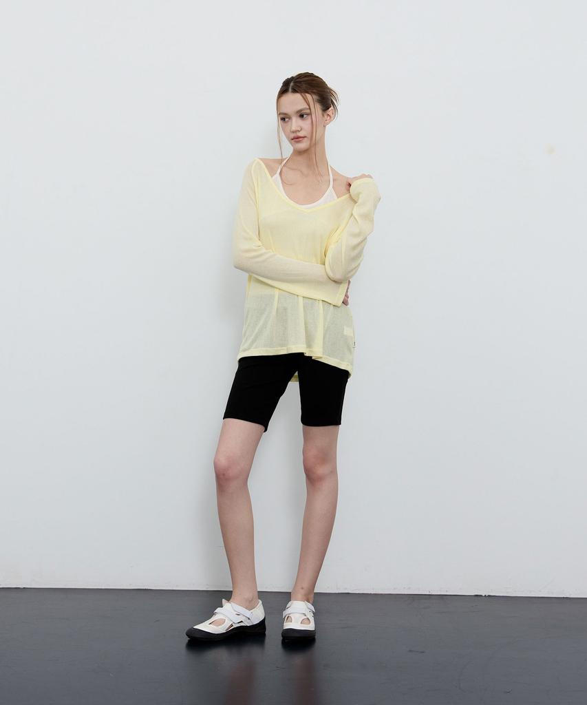 Une Ease Deep V-Neck Long Sleeve T-Shirt_Lemon