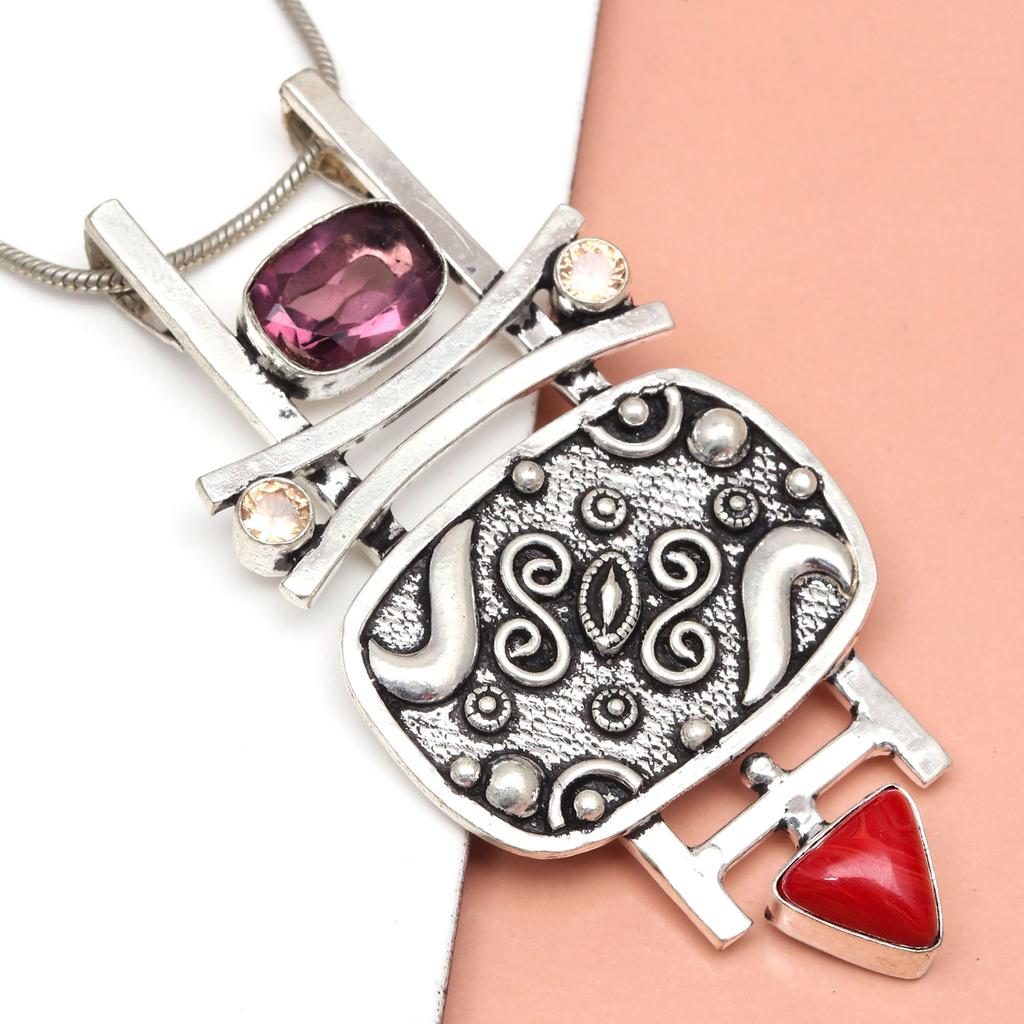 Rhodonite CoralGemstone Mother's Day Handmade Silver Jewelry Pendant  3.25"