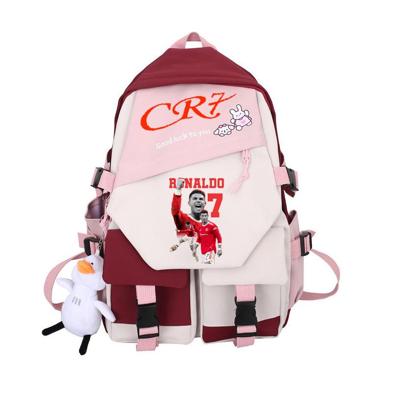 Animation CR7 Print Color Blocking Backpack Simple Niche School Bag for Male and Female Students Long Distance Travel Bag