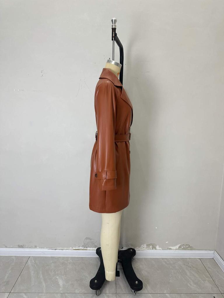 2025 Autumn European-American Brown Leather Jacket for Women, Mid-Length with Cross-Border Design Flair