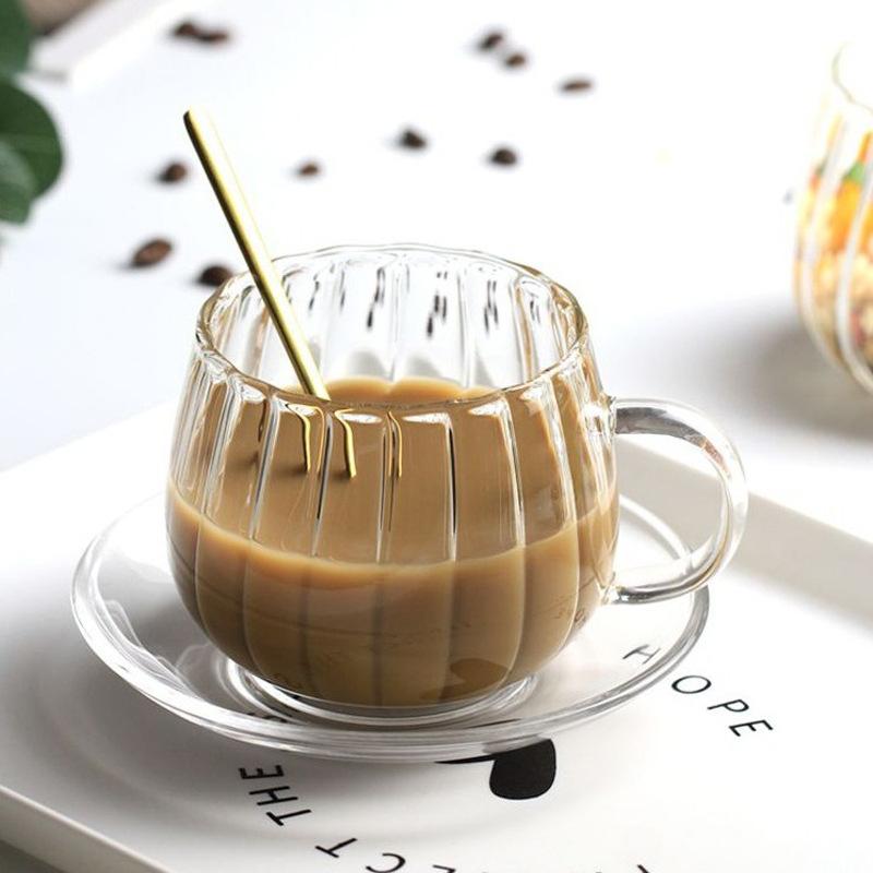 High Borosilicate Glass Juice Beverage Cup Drinking Cup Vertical Pattern With Handle Glass Single Layer Cup Household Milk Coffee Cup