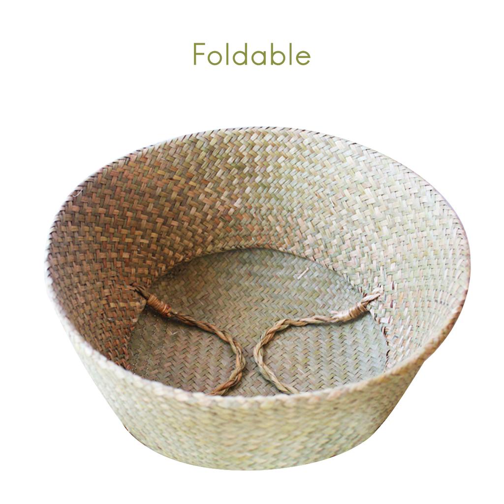 Foldable Seaweed Woven Basket, Straw Fruit Basket, Flower Pot, Planter, Storage Basket with Handle, 32*28cm