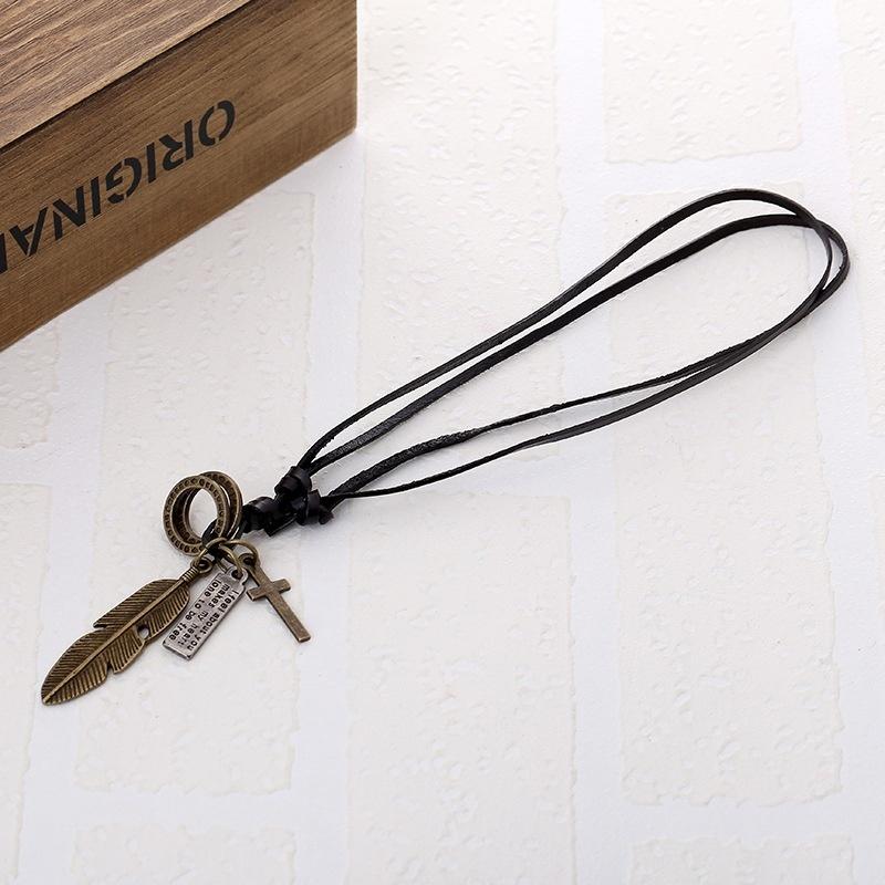 Vintage Feather Pendant Necklaces for Women Men Friendship Adjustable Long Leather Rope Chain Necklace Jewelry