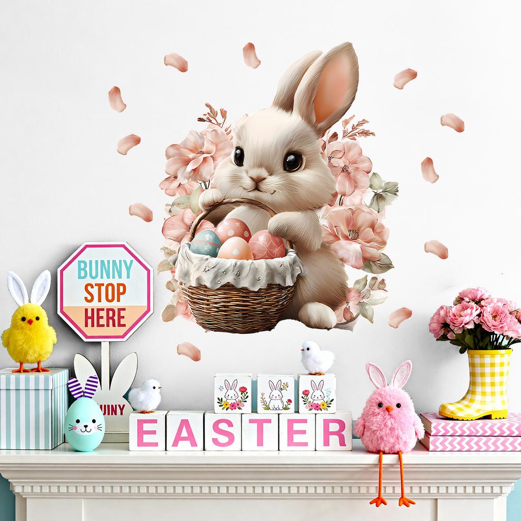 Easter Bunny with Eggs and Flower Basket Wall Sticker Self-Adhesive Removable for Bedroom Living Room Study Holiday Decor