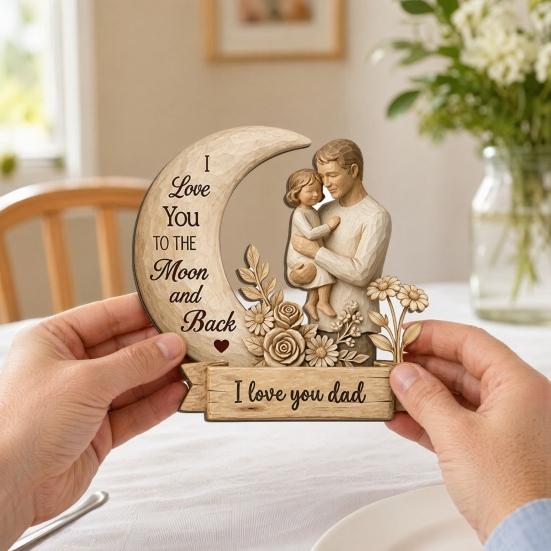 Wooden Ornament with Stable Base, Father Day Wooden Ornament, Decorative Resin Sculpture Family Love Decor for Desktop Bookshelf