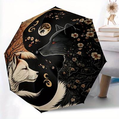 1pc Wolf Moon Compact Travel Umbrella, Automatic Folding Lightweight Windproof 8-Bone Reinforced Design, Portable for Backpack Durable Canop