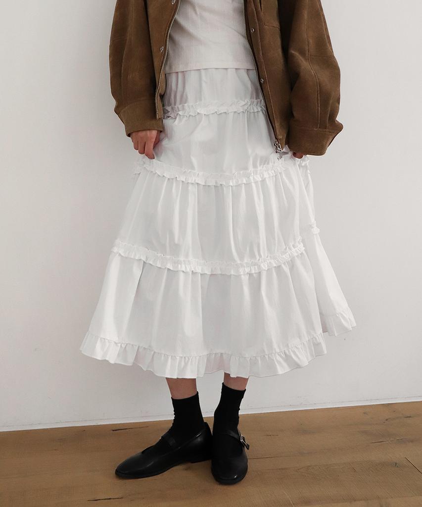 Moyora Tiered Frill Flare Elastic Long Skirt [White]