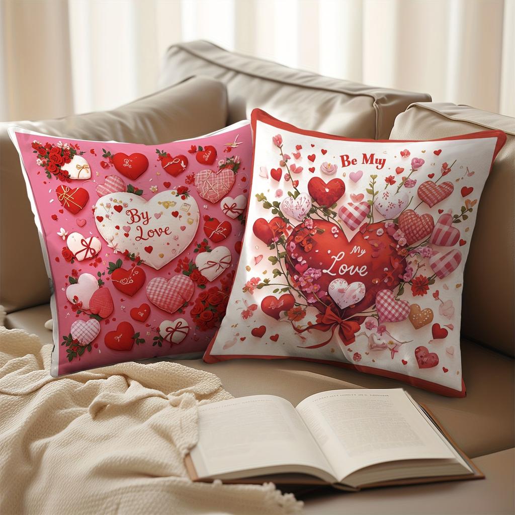 4pcs Valentine'S Day Love Heart Print Throw Pillow Covers, Modern Style, Polyester, Zipper, Machine Washable, 18 x 18 Inches, Single-Sided Print