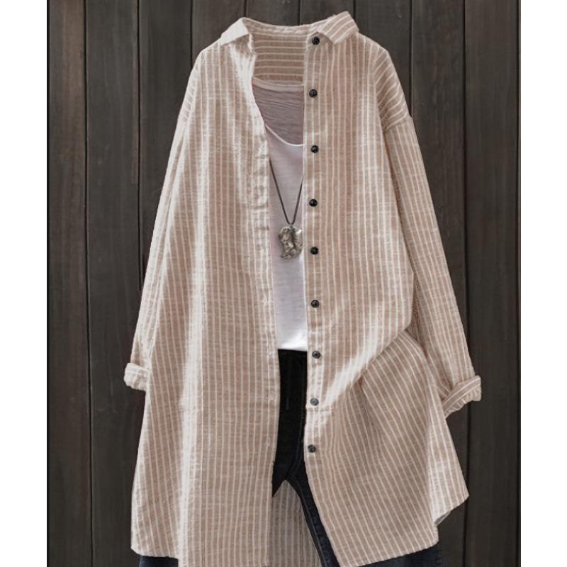 

Художественные полосатые рубашки средней длины с длинным рукавом больших размеров с карманом женские блузки и рубашки XXL абрикосовый