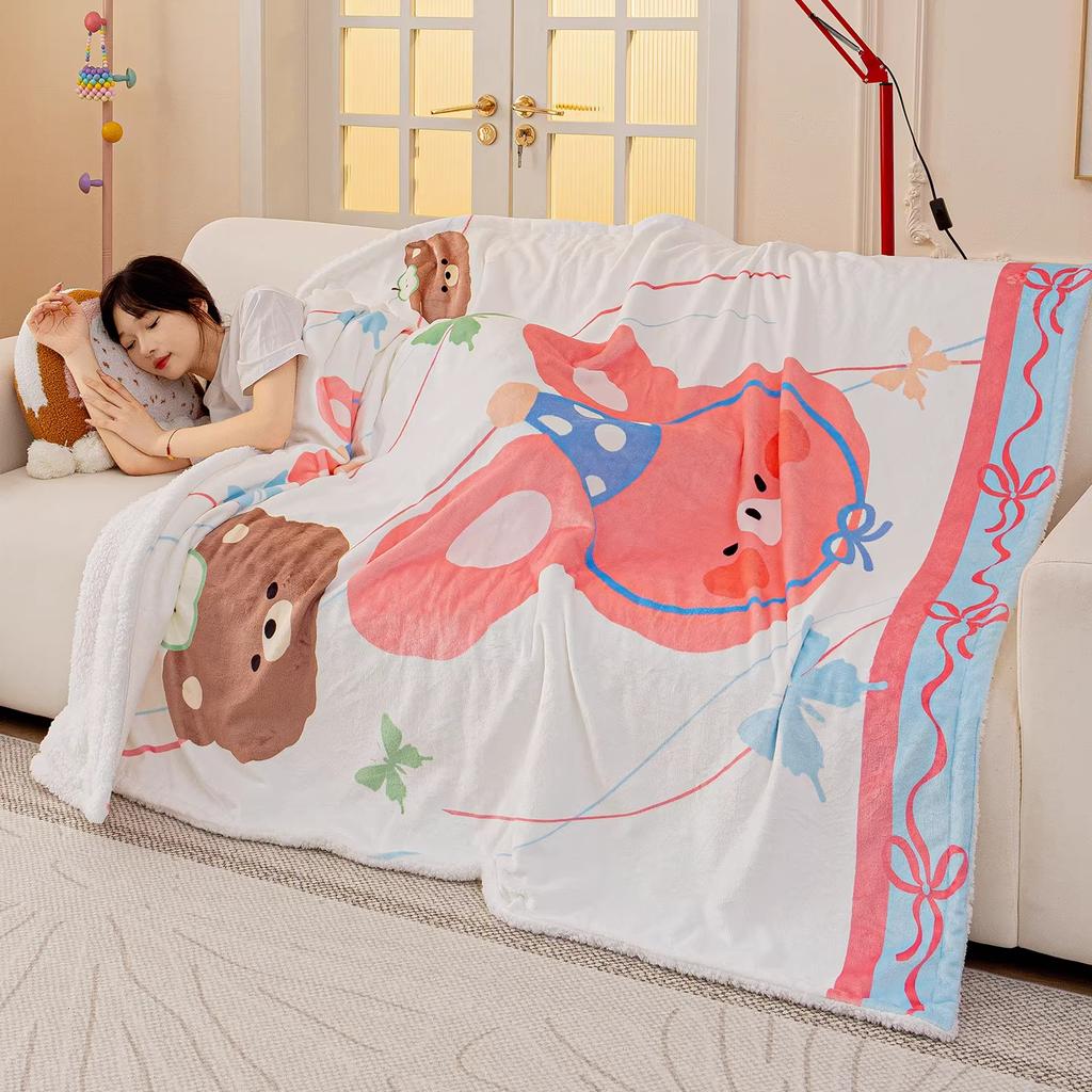 Dopamine Sofa Blanket Cartoon Print New Plush Thickened Heat Retention Warm Fine Soft Comfortable Winter Blanket Multi-Purpose