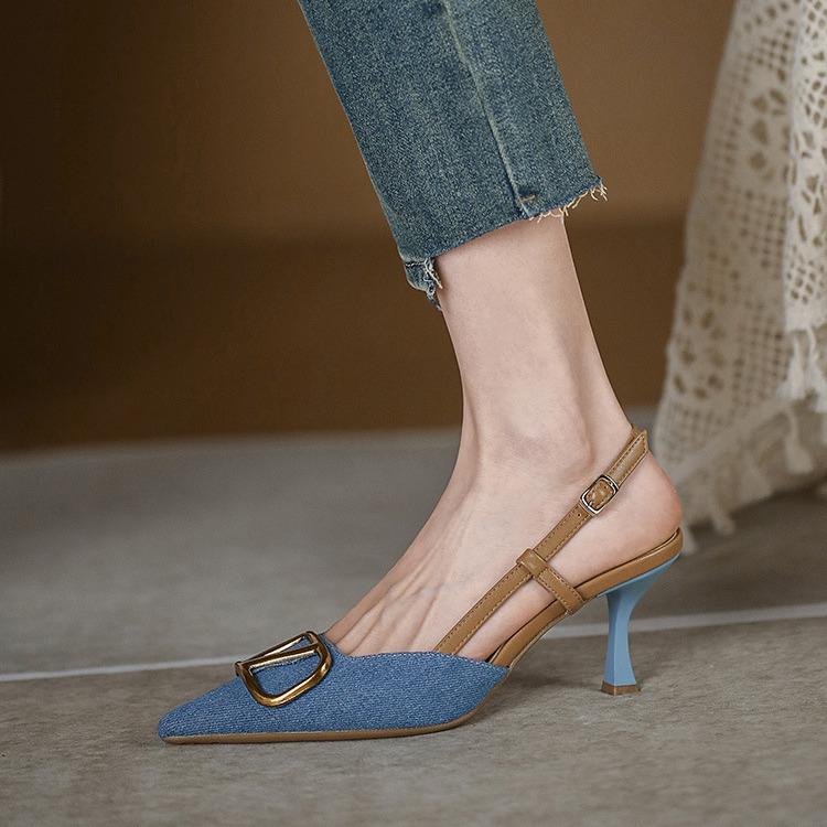 Sandals Women's French Temperament Blue Single Shoes 2025 New Pointed High Heels Stiletto Beautiful Denim High Heels