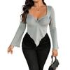 European and American women's T-shirt Sexy slim-fitting v-neck horn sleeve waist irregular knitted long-sleeved T-shirt
