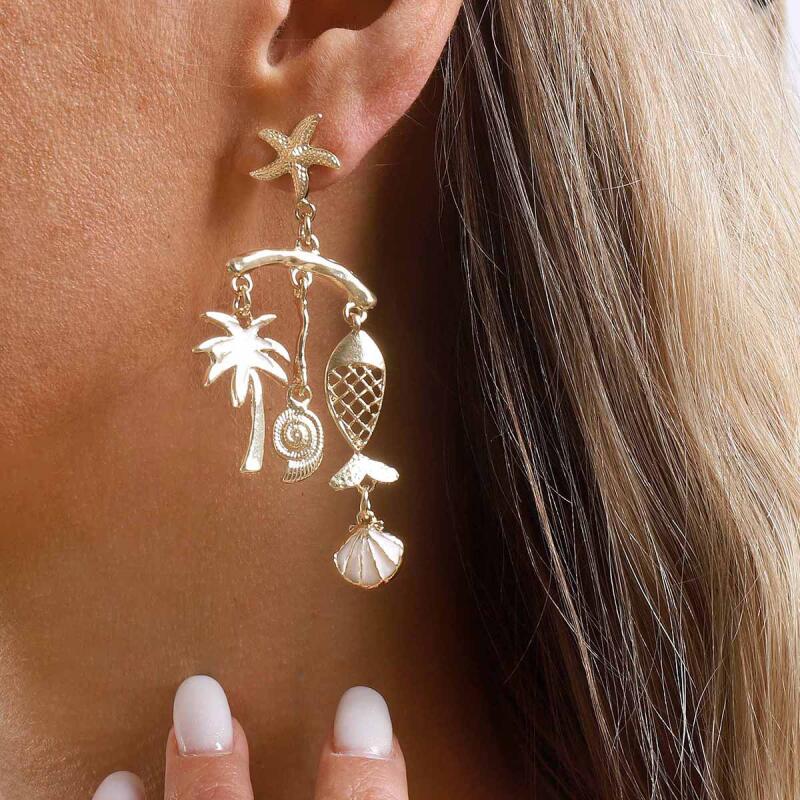 Bohemian Metal Shell Starfish Drop Earrings for Women Lady Ocean Beach Style Dangle Earrings Vacation Party Jewelry Accessories