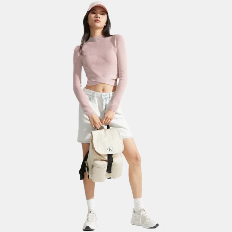 Calvin Klein Solid Color Round Neck Embroidered Hollow Knit Sweater Women sweater Shell-Pink J222945