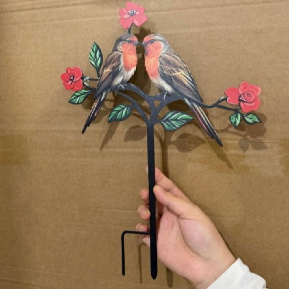 2D Flat Red Bird Garden Stake Iron Handmade Flower Branch Ground Plug Animals Pattern Funny Outdoor Yard Art Yard Ornament