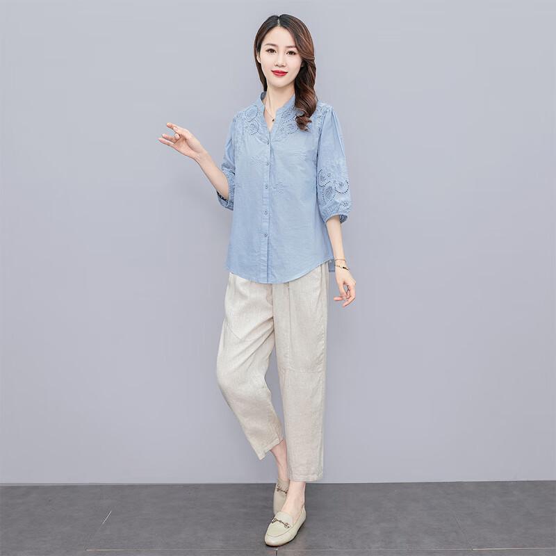Women's Embroidered Five-Sleeve Button-Down Shirt