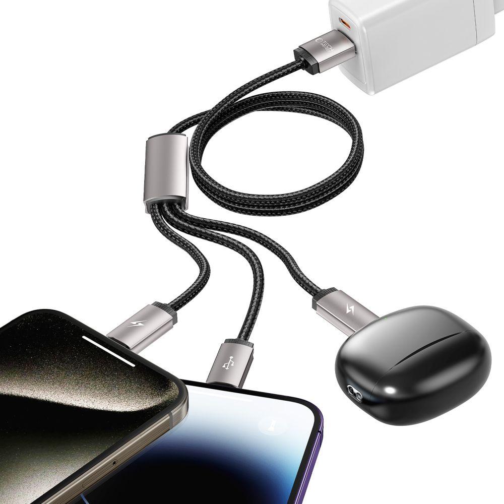 Kabel przewód 3w1 USB-A - Lightning / USB-C / micro USB 1m - szary