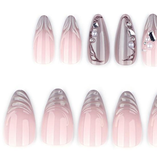 24 Pcs Water Ripple Press On Nails for Faux Pearl Almond Stick-On Fake Nails