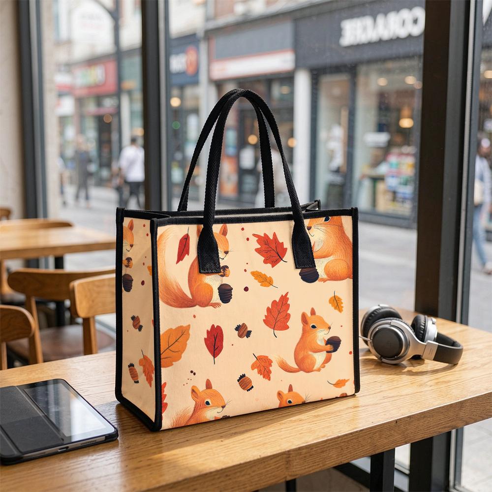 Cute Squirrel Leaf Printed Tote Bag Autumn Style Daily Use Portable Casual Handbag For Women