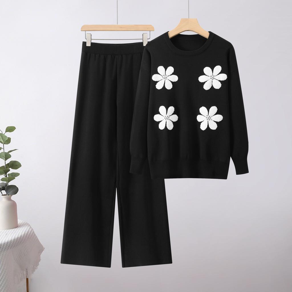 Fashion Casual Knitted Suit Pants Loose Sweater Wide Leg Pants Trousers Two-piece Daily Wear