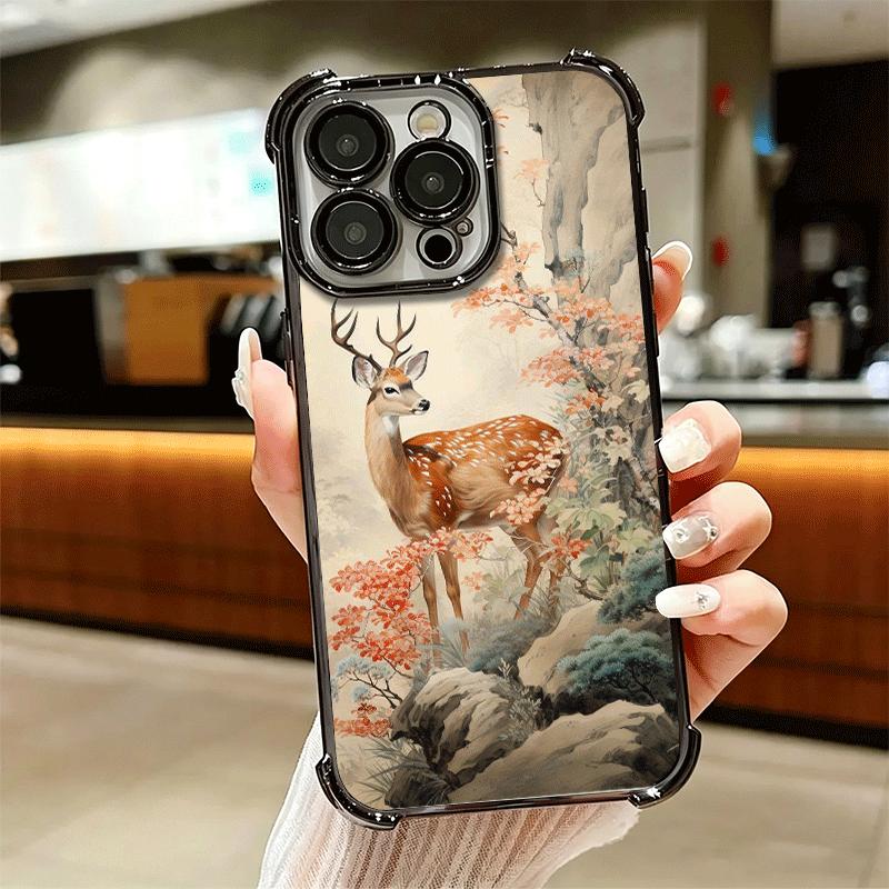Sika Deer Elk Animal Plating Phone Case For Iphone 16 17 Pro Max Air 16E 14 15 Plus 12 13 Mini Anti-Fall Airabag Cover