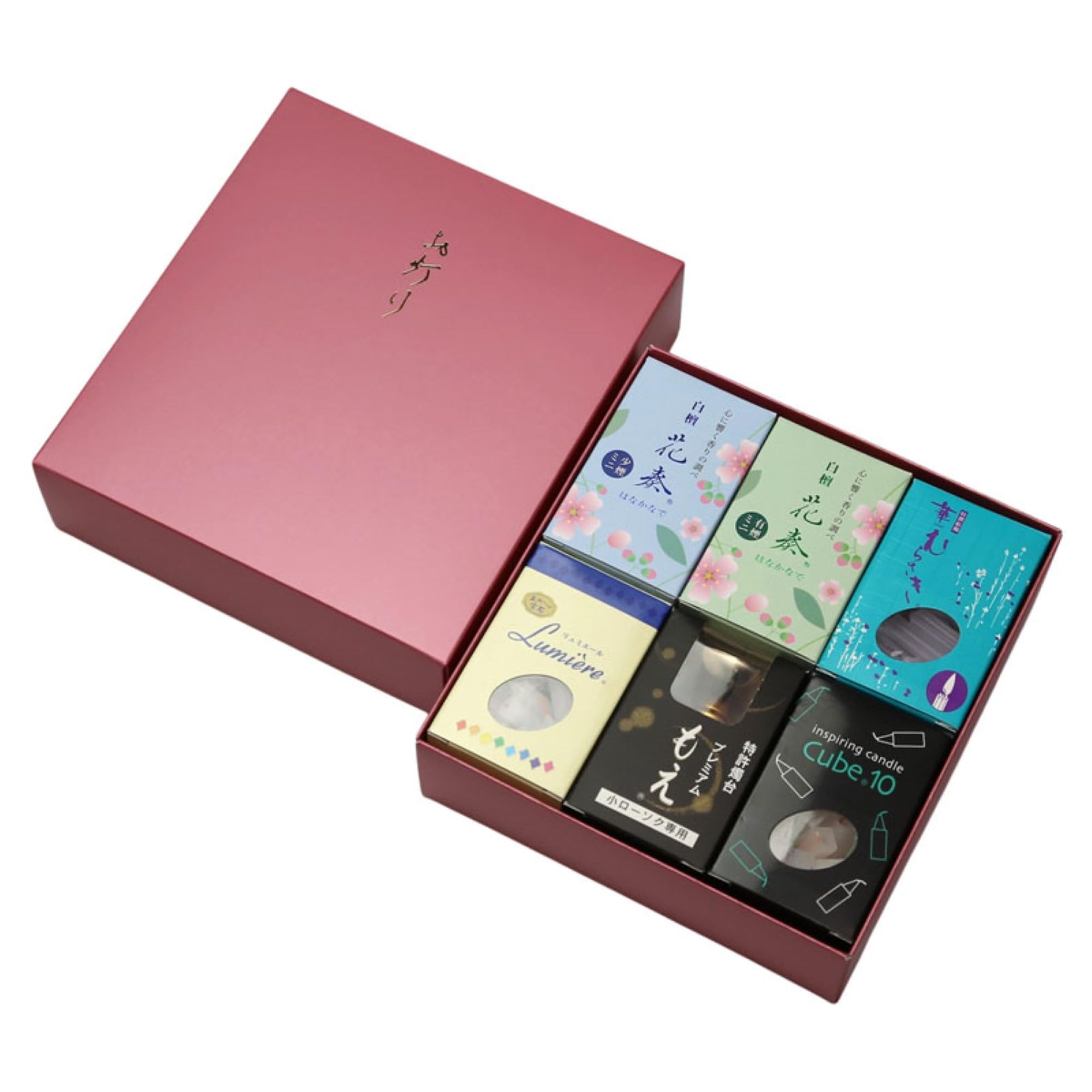 

6-piece Lumiere candle set (small box), Hana Murasaki mini candle (small box), Cube 10 candle (small box), Hanakanade candles (smoked and light