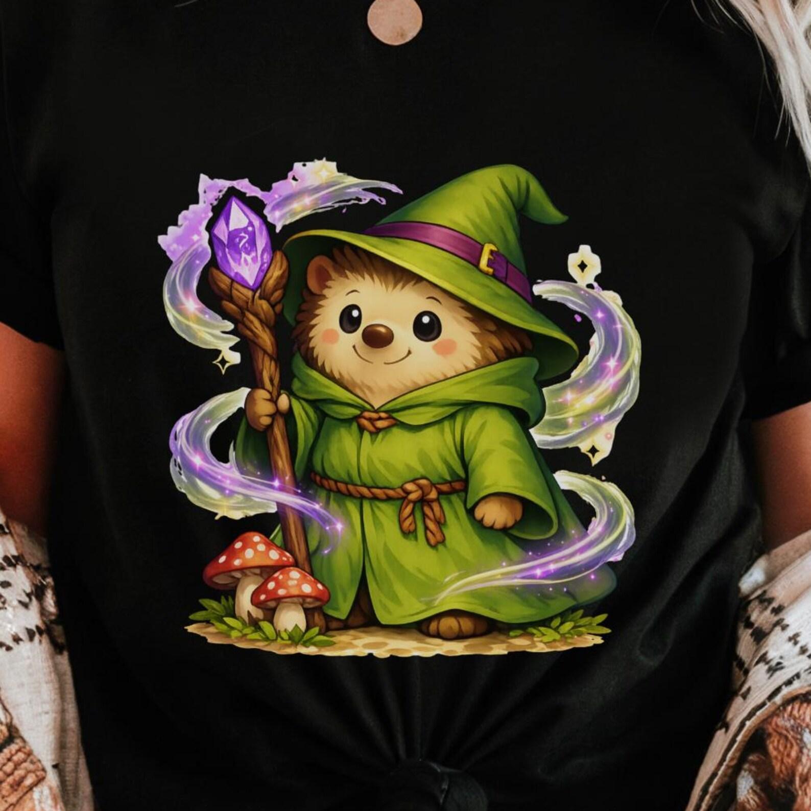 Hedgehog Wizard T-Shirt | Fantasy Mage, Cottagecore Style 2XL