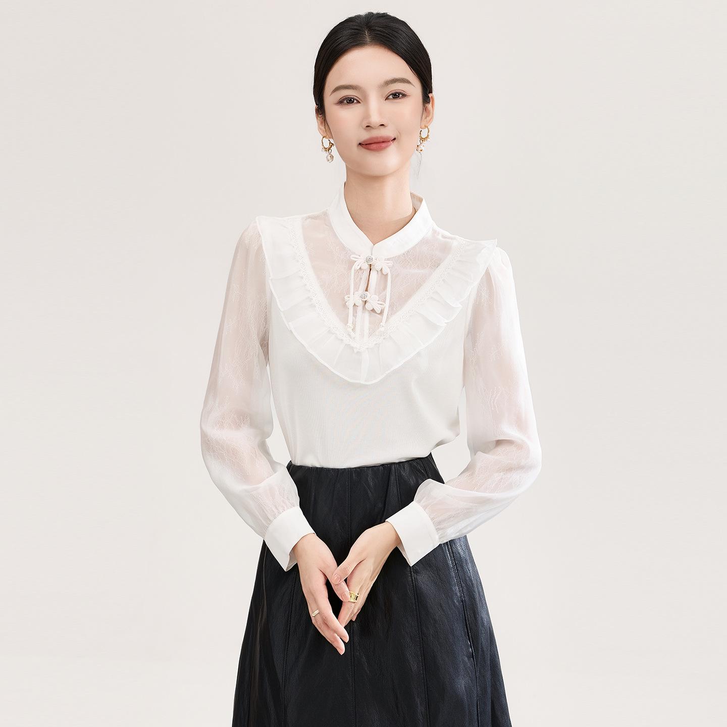 

Spring Women s Qipao Shirt: Chinese Lace Knit, Patchwork Glazed Gauze, Pearl Frog Button Medium білий