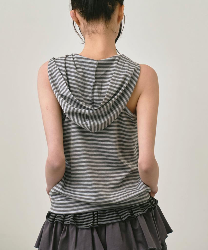 THE GREEN LAB Striped Glam Hooded Sleeveless Top [Light Gray]