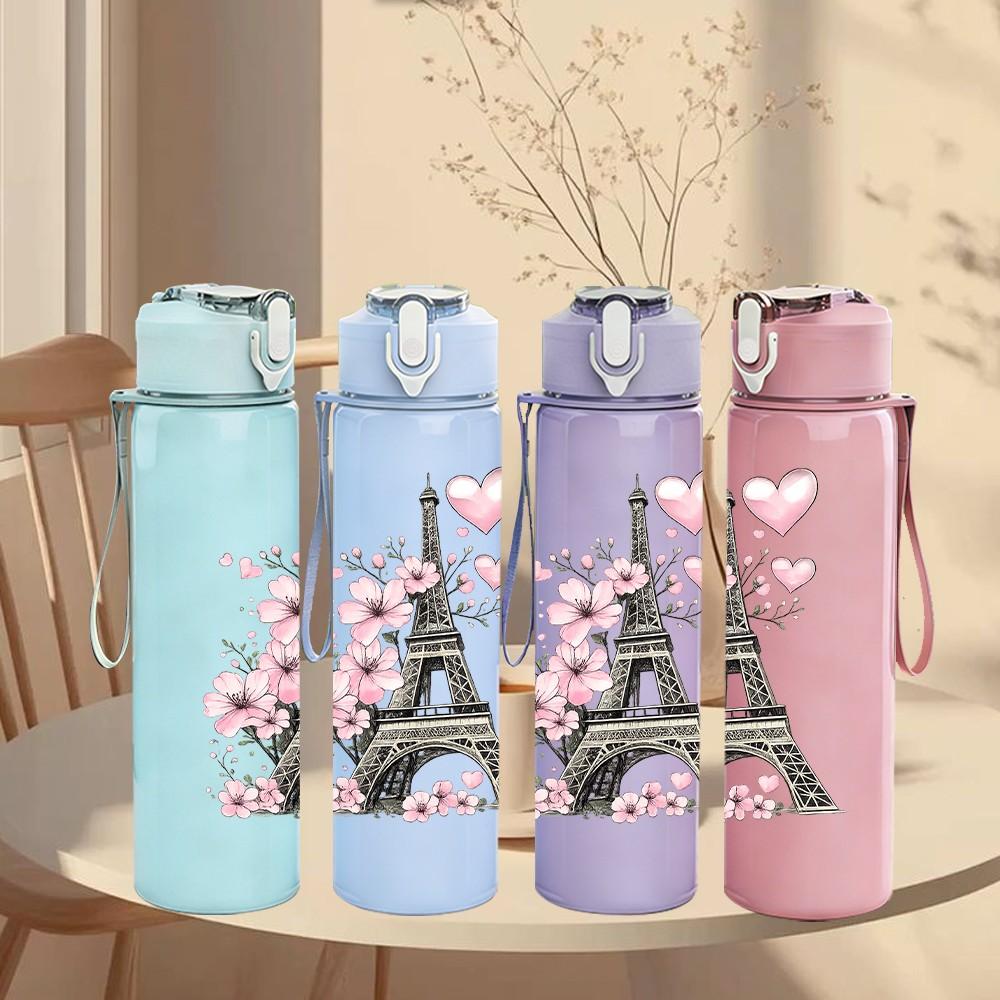 1PC Cherry Blossom Paris Tower Print 750ml Color Plastic Sports Water Bottle Leakproof Flip Straw Lid Suitable for Sports Office Home Use