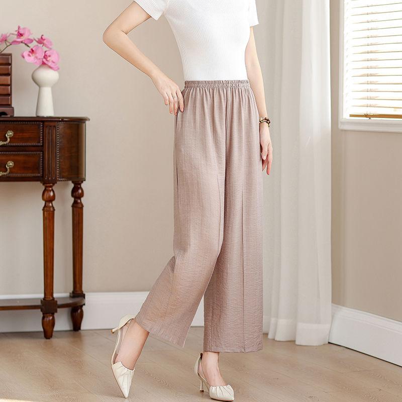 Simplicity Casual Summer Pants Women's Solid Elastic Waist Pockets Thin Style Elegant High Waist Loose Wide Leg Cropped Trousers