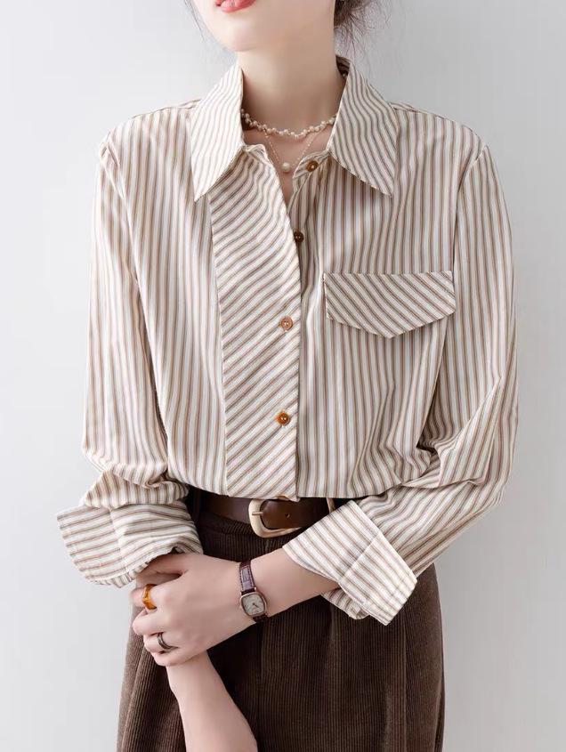 Chic Retro Striped Long-Sleeve Shirt for Women - 2025 Autumn Commuter Style