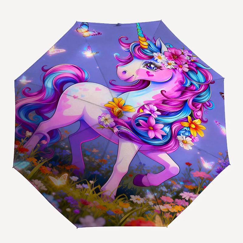 1pc Unicorn Fantasy Garden Butterflies Flowers Umbrella with Plastic Handle,Suitable for All Seasons Home Travel Outdoor Umbrellaptys31091