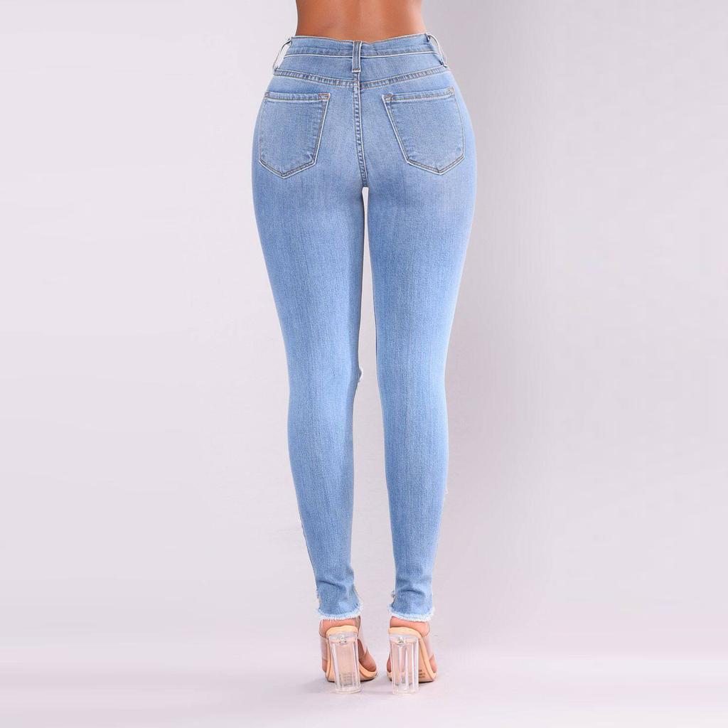 Women Slim Plus Size Ripped Hole Gradient Long Jeans Denim Regular Pants