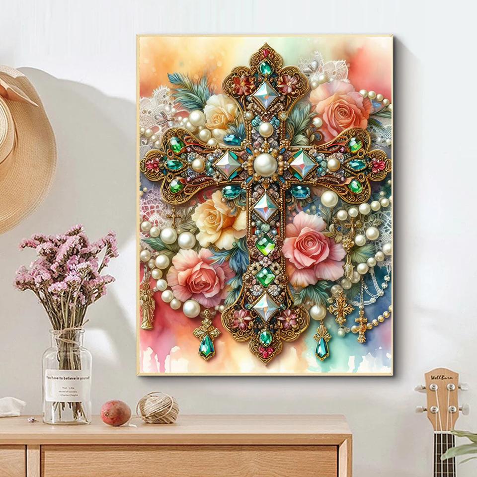 5DDIY Diamond Painting Colorful Cross Butterfly Jewelry Cross Embroidery Set  with Diamond Embroidery Flower Home Decoration
