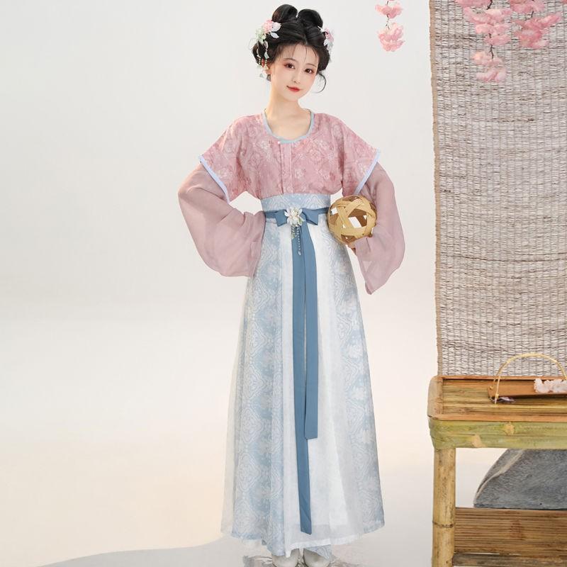 Traditional Tang Dynasty Style Hanfu Set: Printed Beizi Top Round Neck Shirt Waist-High Eight-Panel Skirt
