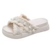 Women Solid Color Pearl Slippers Ladies Middle Heel Anti-slip Soft-sole Comfortable Thick Bottom Beach Sandals Footwears