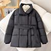 Season Women's Waist Season Stand-up Collar Down Cotton Clothes Solid Color Lace-up Women's Versatile Jacket