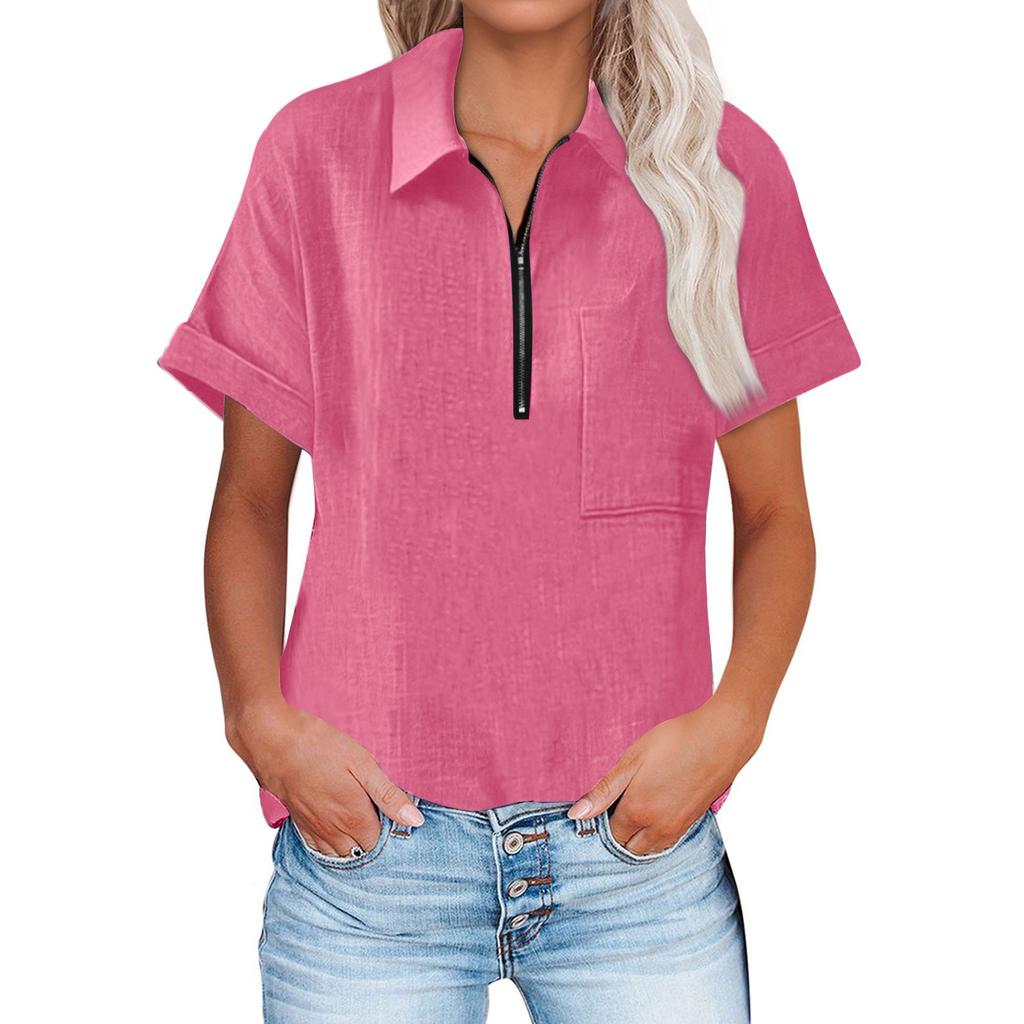 Women Summer Top Short Sleeve Fit Shirt  Fashion Casual Clothes Shirt Half Zipper Short-sleeved Top