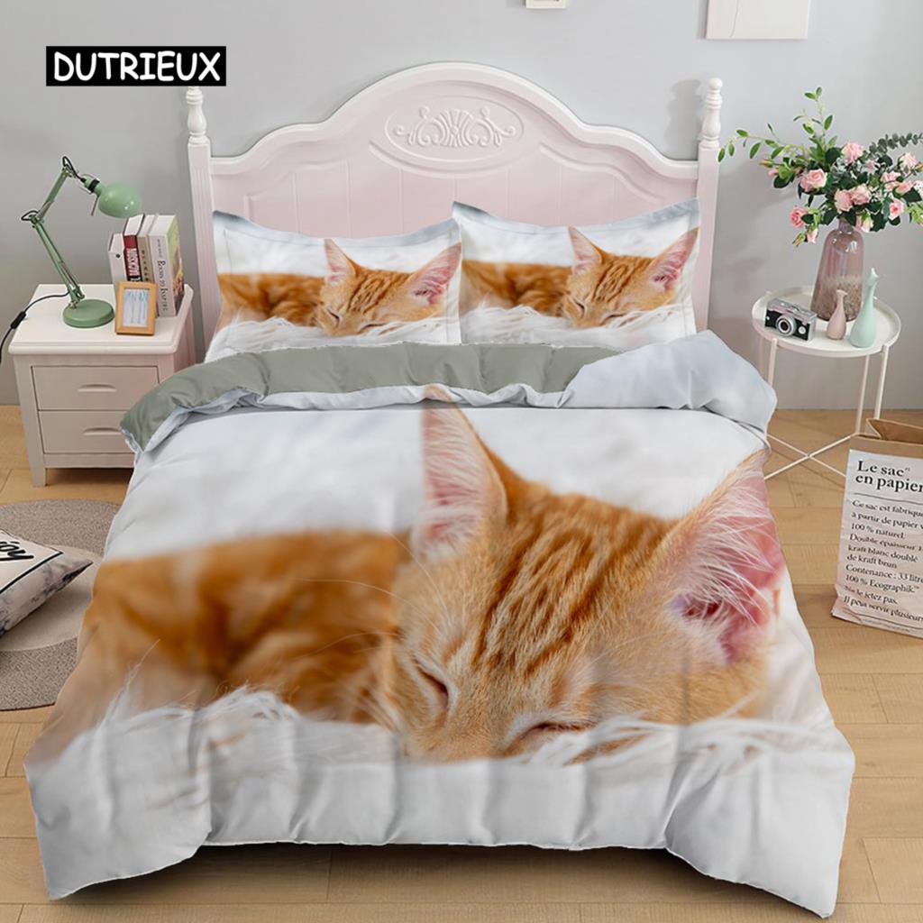 3D Bedding Sets Red Duvet Quilt Cover Set Comforter Bed Linen Pillowcase King Queen 210*210cm Size Pet Cat Design for Kids Girls