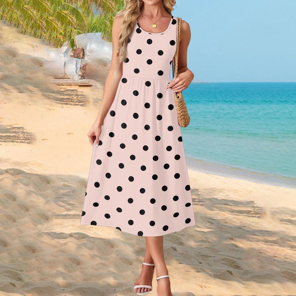 Women's Polka Dot Summer Dress, Casual Flowy Beach Sundress with Pockets, Lightweight Vacation Outfit