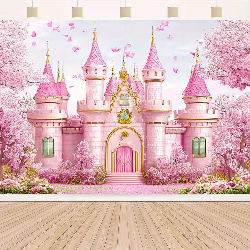 Fondo de Foto de Castillo Rosa 2D con Flores de Cerezo para Fiesta de Cumpleaños Infantil Decoración de Estudio Tela