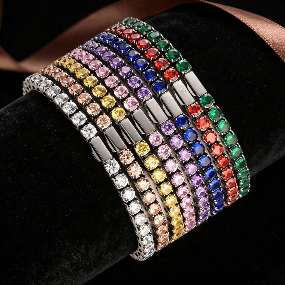 Multi-colored fashionable 4mm wide tennis chain, zircon sparkling hip-hop style exquisite jewelry bracelet for men and women