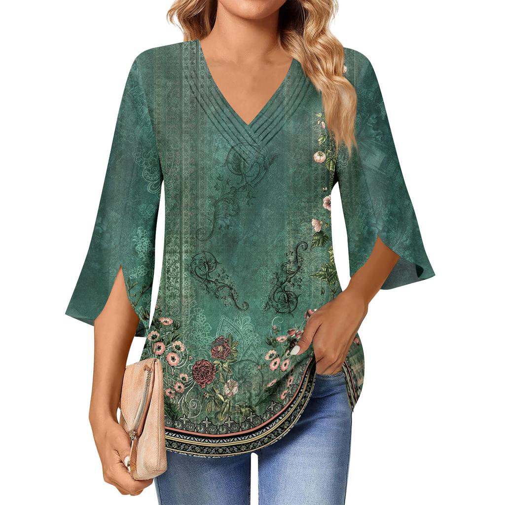 Dámská pracovní košile Skládané šaty s 3/4 rukávem Top košile s výstřihem do V Neformální košile se zavazováním do pasu Business košile