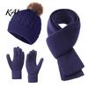 Soft Acrylic Cold Weather Gear Winter Hat Scarf Gloves Set, Knitted Pom Warm Thermal Stylish Outdoor Skiing And Hiking Sets Gloves, Solid Color