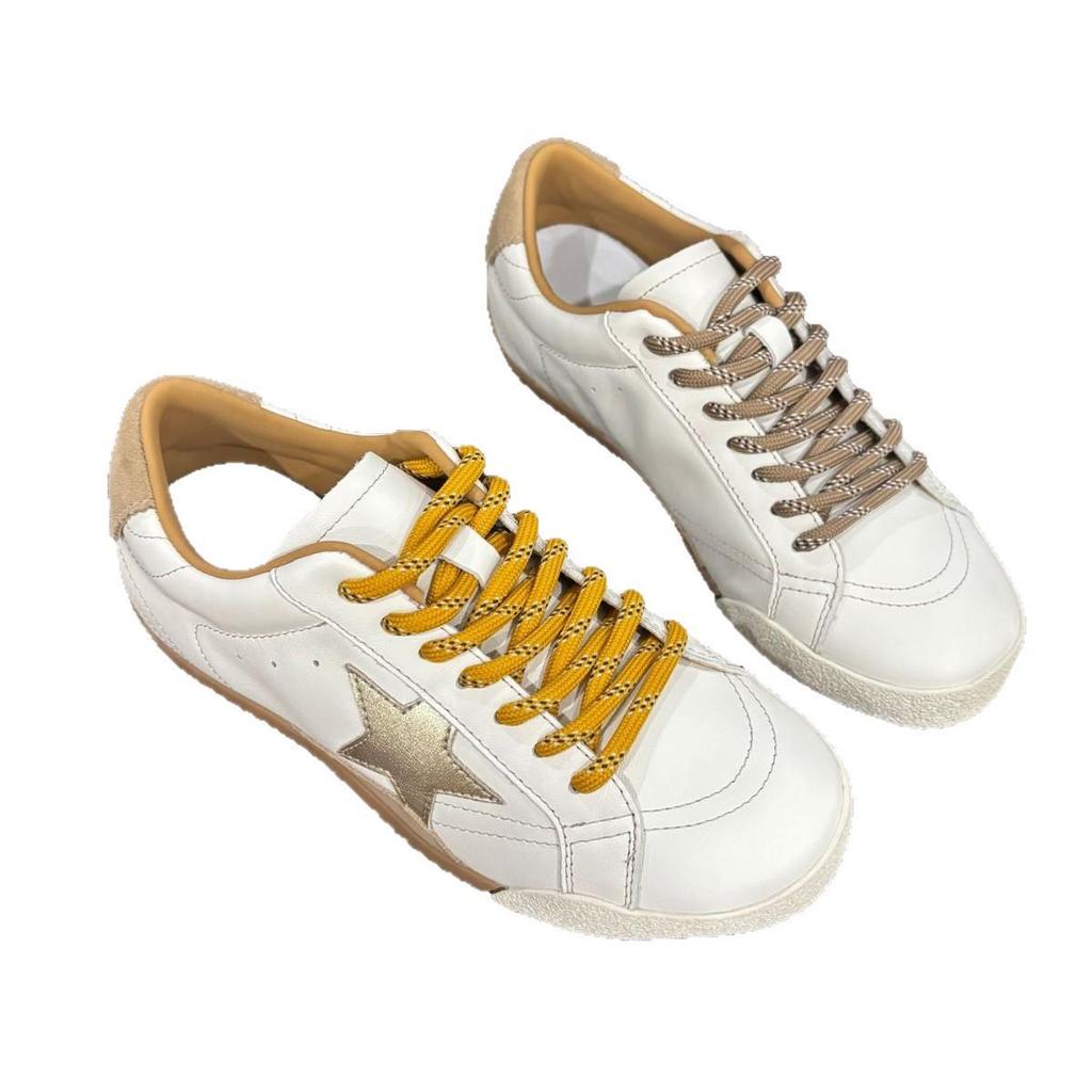Women's Autumn Star Sneakers: Top Layer Cowhide with Sheepskin Lining, Breathable White Soft Sole Casual Shoes